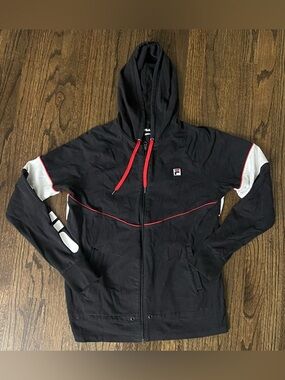 Fila Black Hoodie Jacket with Red & White Accents
